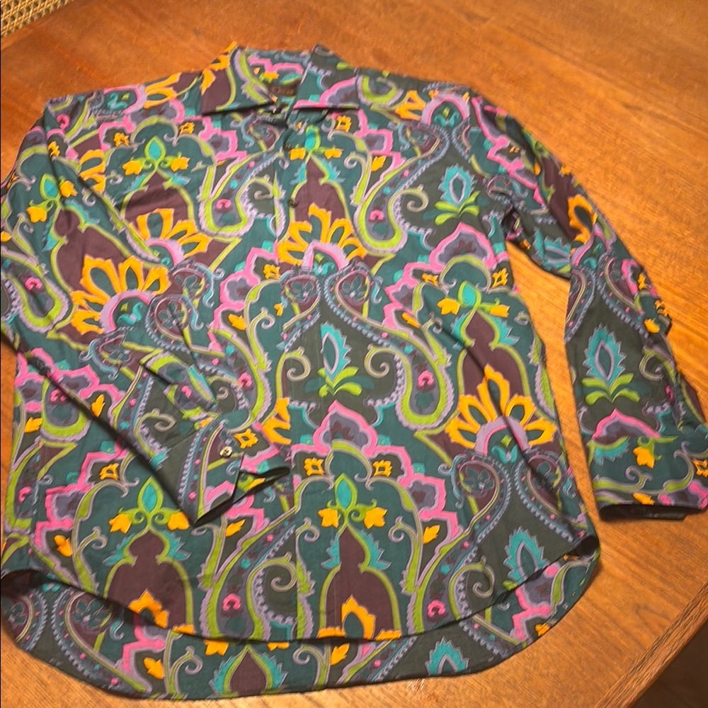 Etro Blue and Green Casual Button Down Shirt